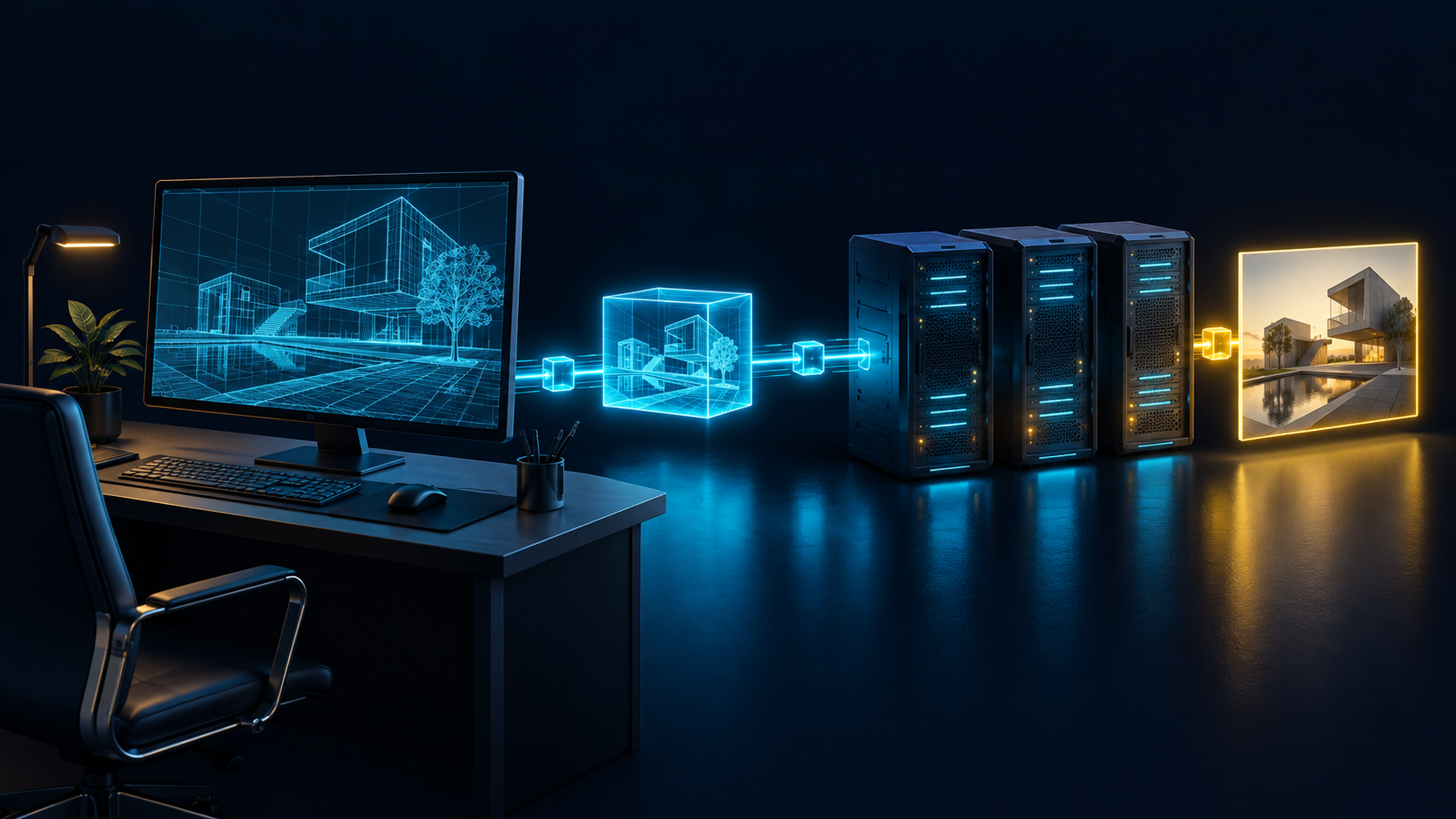 Illustration of a 3D scene moving from a workstation through a render farm to a finished image.