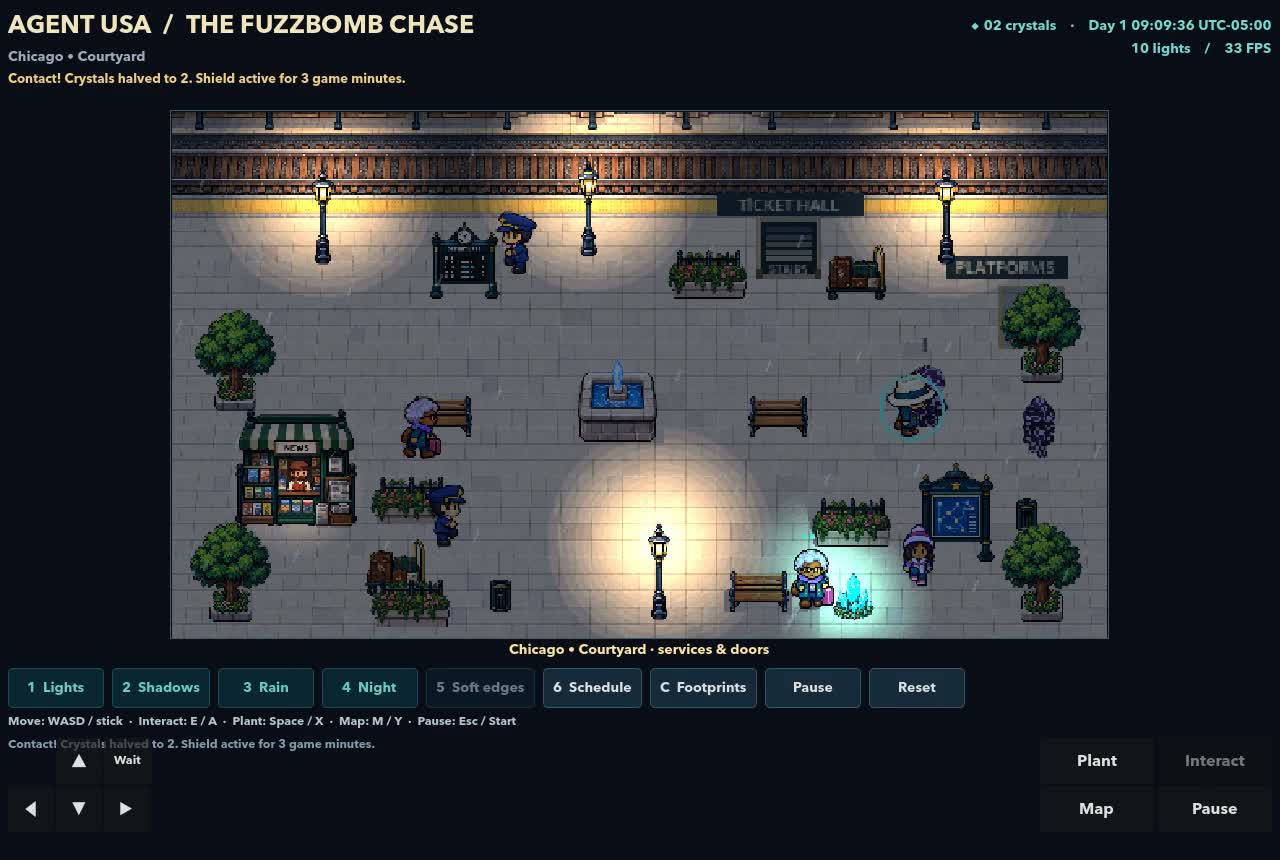 Prototype gameplay in a Chicago courtyard, with the player, crystals, and train station entrances.